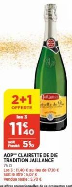 2+1  OFFERTE  les 3  1140  soft  Punt 5%  faillance  AOP CLAIRETTE DE DIE TRADITION JAILLANCE  75 d  Les 3: 11,40 € au lieu de 17,10 € Solt le litre: 5,07 € Vendue seule: 5,70 € 