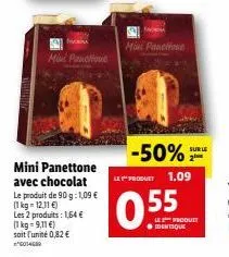 mini panche  mini panettone avec chocolat  le produit de 90 g:1,09 € (1kg-12.31 €) les 2 produits: 1,64 € (1 kg = 9,11 €)  soit l'unité 0,82 € *6014509  18  mint panchone  -50%  le produet 1.09  0.55 