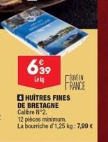 639  Lokg  DE BRETAGNE Calibre Nº2.  HUÎTRES FINES  12 pièces minimum. La bourriche d'1,25 kg: 7,99 €  BEEN FRANCE 