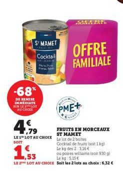 ST MAMET  Cocktail  ENG  -68%  DE REMISE IMMEDIATE SUR LE LOT AU CHOIX  Pec  4.7⁹  €  LE 1 LOT AU CHOIX SOIT  BOUR  OFFRE FAMILIALE  PME+  ENGAGE  FRUITS EN MORCEAUX  ST MAMET  Le lot de 2 boltes  Coc