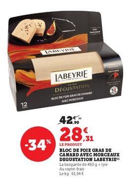 12  LABEYRIE  LABEYRIE  DÉGUSTATION  BLOC DE FOIE GRAS DE CANARD AVEC MORCEAUX  -34%  1,90  28,31  LE PRODUIT  BLOC DE FOIE GRAS DE CANARD AVEC MORCEAUX DEGUSTATION LABEYRIE La barquette de 460 g +lyr