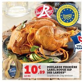 Lande  10%  LE KG  呢  auge  POULARDE FERMIERE LABEL ROUGE IGP ,89 DES LANDES  La pièce de 2 kg environ  PROTEGE  wwwwww 