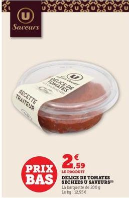 (U)  Saveurs  RECETTE TRAITEUR  PRIX BAS  J  Javiery DELICE DE TOMATES CHE  2,59  LE PRODUIT DELICE DE TOMATES SECHEES U SAVEURS™ La barquette de 200 g  Le kg 12,95 € 