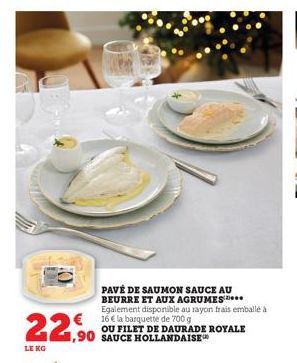 PAVÉ DE SAUMON SAUCE AU BEURRE ET AUX AGRUMES*** Egalement disponible au rayon frais emballé à € 16€ la barquette de 700 g  OU FILET DE DAURADE ROYALE  22,⁹  LE KO  1,90 SAUCE HOLLANDAISE 