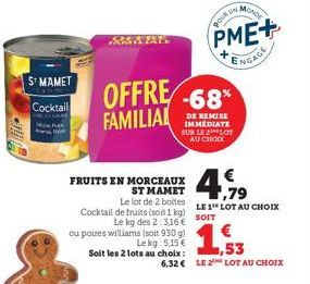 ST MAMET  Cocktail  FRUITS EN MORCEAUX  ST MAMET  Le lot de 2 boites Cocktail de fruits (soit 1 kg) Le kg des 2: 3,16 € ou poires williams (soit 930 g)  POUR IN  OFFRE -68%  FAMILIAL  DE REMISE IMMEDI