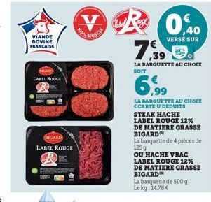 VIANDE BOVINE FRANÇAISE  LABEL ROUGE  BIGARD  LABEL ROUGE  V  0,40  VERSÉ SUR  7.39  LA BARQUETTE AU CHOIX SOIT  LA BARQUETTE AU CHOIX <CARTE U DEDUITS STEAK HACHE LABEL ROUGE 12% DE MATIERE GRASSE BI