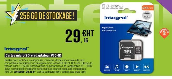 256 GO DE STOCKAGE!  integral  Cartes micro SD + adaptateur V30 4K  Idéales pour tablettes, smartphones, caméras, drones et consoles de jeux compatibles. Fournissent un enregistrement video Full HD et
