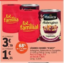 lot  familia  le 1" produit  ,79  le 2 produit  € ,21  lot. familial  -68%  sur le legumes cuisinés "d'aucy"  arte  d'aucy aubergines  cumintes  caponata  aubergines, ratatouille ou courgettes.  2 x 3