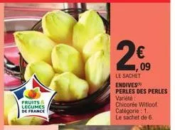 fruits & legumes de france  2009  2€  le sachet endives perles des perles variété  chicorée witloof. catégorie : 1. le sachet de 6. 