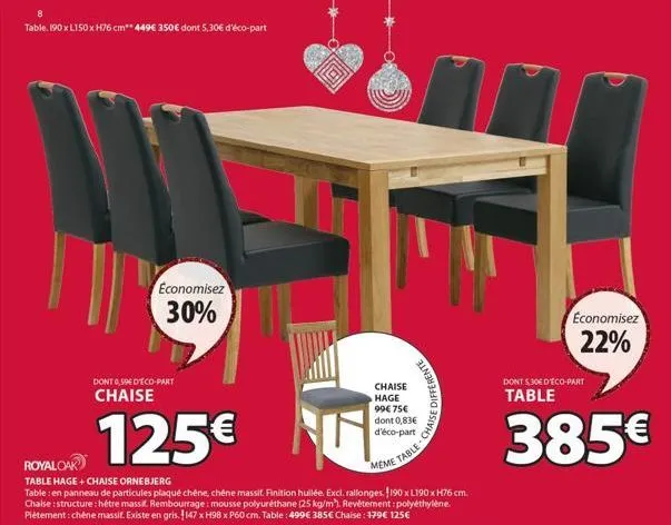 table. 190 x l150 x h76 cm** 449€ 350€ dont 5,30€ d'éco-part  dont 0,59€ d'eco-part chaise  125€  economisez  30%  royal oak  table hage + chaise ornebjerg  table: en panneau de particules plaqué chên
