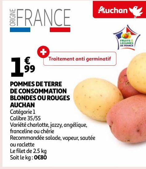 POMMES DE TERRE DE CONSOMMATION BLONDES OU ROUGES AUCHAN