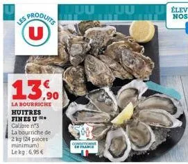 les produits (u)  13.90  la bourriche huitres fines un calibre n°3  la bourriche de 2 kg (24 pièces minimum) lekg: 6,95 €  uutuu  conditionn  en france 