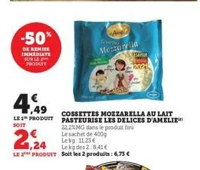 -50%  de remise immediate sur le produit  22.2% mg dans le produit fini  21,24  le sachet de 400g lekg: 11,23 €  le kg des 2:8,41€  le 2 produit soit les 2 produits: 6,73 €  4,  cossettes mozzarella a