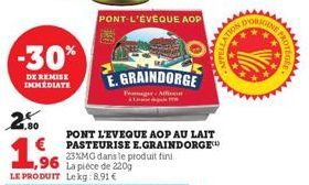 -30%  DE REMISE IMMEDIATE  2.80  €  ,96  LE PRODUIT Lekg:8,91 €  PONT-L'EVEQUE AOP  E. GRAINDORGE  Froger Affi  PONT L'EVEQUE AOP AU LAIT PASTEURISE E.GRAINDORGE™ 23%MG dans le produit fini La pièce d