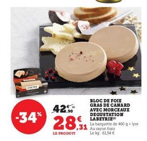 -34%  425  4,90  28,9  ,31  LE PRODUIT  BLOC DE FOIE GRAS DE CANARD AVEC MORCEAUX  € LABEYRIE  DEGUSTATION  La barquette de 460 g +lyre Au rayon frais Le kg 61,54 €  