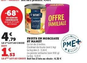 -68%  de remise immediate sur le lot au choix  ,79  le 1 lot au choix soit  s' mamet  cocktail  fruits en morceaux st mamet  le lot de 2 boltes cocktail de fruits (soit 1 kg) le kg des 2:3,16 €  ,53  