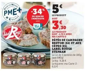 pour un  monde  pme+ engage  wr  de remise immediate avec  5€  le produit soit  3,30  le produit soit -1,70 € avec ma carte u  patés de campagne breton (x2) et aux cepes (x1)  label rouge stephan  le 