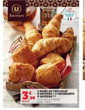 (u)  saveurs  08308308308308309  3,90  le lot  4 pains au chocolat u saveurs +4 croissants u saveurs  le lot de 8 (soit 520g) le kg 7,50 €  beurre de france 