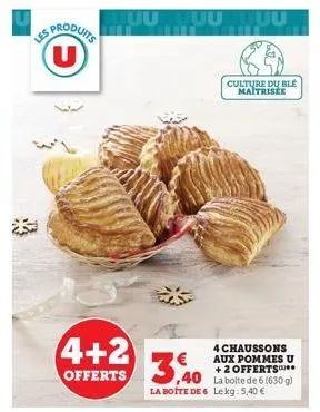 produits u  les  4+2 offerts 3,40  l  culture du ble maitrisée  4 chaussons aux pommes u + 2 offerts  la boite de 6 lekg: 5,40 € 