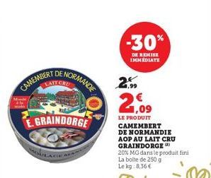 Minde  main  CAMEMBERT  NORMANDIE  E.GRAINDORGE  -30%  DE REMISE IMMEDIATE  2.99  LE PRODUIT  CAMEMBERT DE NORMANDIE AOP AU LAIT CRU GRAINDORGE  20% MG dans le produit fini  La boite de 250 g  Le kg: 