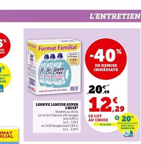 format familial  lot de 3x 43 lavage  & super  bor bora bora bora  t  fleur de monol & lait d'aloe  129  lavages  lessive liquide super  croix variétés au choix  le lot de 3 flacons x43 lavages  (soit