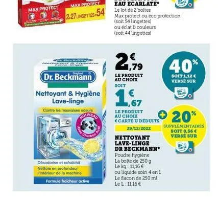 backlas  max protect  2.27 lingettes-54  gene  dr.beckmann  nettoyant & hygiène lave-linge  contre les mauvaises odeurs  nouveau  désodorise et rafraichit nettoie en profondeur l'intérieur de la machi