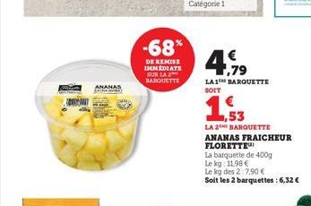 ANANAS COM  -68%  DE REMISE IMMEDIATE SUR LA 2 BARQUETTE  4.7⁹  LA1 BARQUETTE SOIT  53  LA 2 BARQUETTE  ANANAS FRAICHEUR FLORETTE  La barquette de 400g  Le kg 11.98€  Le kg des 2:7,90 €  Soit les 2 ba