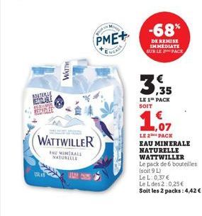 BOUTOLLE  RECYCLABLE SUMIS  RECYCLEE  15L  WATTH  & Ell  WATTWILLER  FAU MINERALS NATURELLE  MON  YOUR  PME+  -68%  DE REMISE IMMEDIATE SUR LE PACK  3,35  LE 1 PACK  SOIT  ,07 LE 2 PACK  EAU MINERALE 