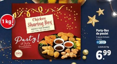 1 kg  pe  Party!  Invitation  200c  Chicken Sharing Box  PERFECT FOR SHARING TOMS  Party-Box de poulet  3 sauces incluses 100004  La boite de 1kg  6.⁹⁹ 