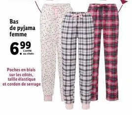 bas de pyjama femme  6.⁹9  poches en biais sur les côtés, taille élastique et cordon de serrage 