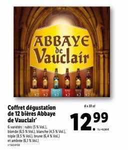 Coffret dégustation de 12 bières Abbaye de Vauclair  6 variétés: rubis (5 % Vol.). blonde (6,5 % Vol), blanche (4,5 % Vol.), triple (8,5 % Vol), brune (6,4 % Vol.) et ambrée (6,1 % Vol)  560498  ABBAY