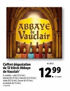 coffret dégustation de 12 bières abbaye de vauclair  6 variétés: rubis (5 % vol.). blonde (6,5 % vol), blanche (4,5 % vol.), triple (8,5 % vol), brune (6,4 % vol.) et ambrée (6,1 % vol)  560498  abbay