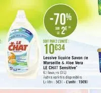 le  chat  ch  -70%  2  soit par 2 l'unite:  10€34  lessive liquide savon de marseille & aloe vera le chat sensitive 60lava (3)  autres artes disponibles  le litre: 5630-l'unité: 15€90 