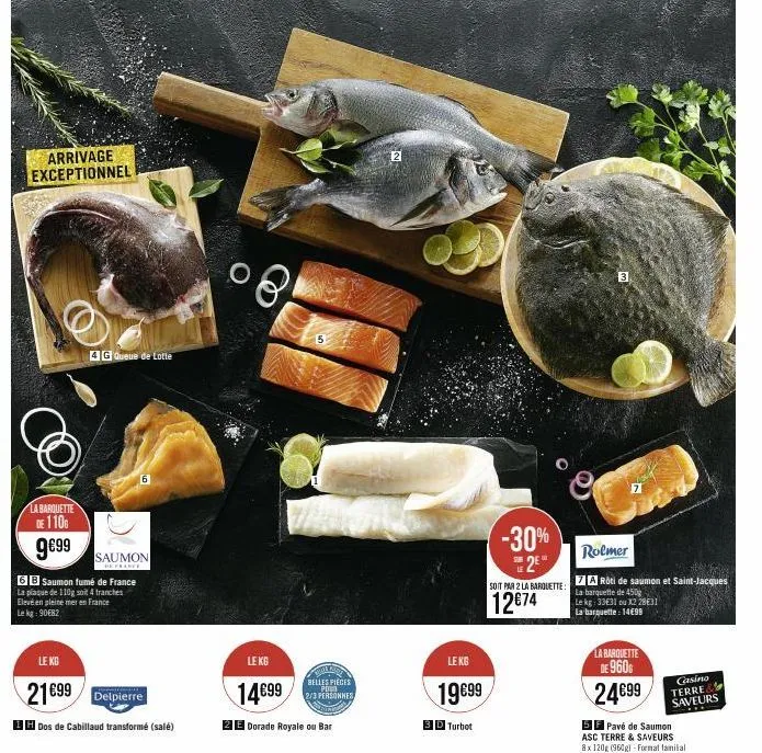 arrivage exceptionnel  la barquette  de 1100  9€99  4 g queue de lotte  6  saumon  befrance  6b saumon fumé de france la plaque de 110g soit 4 tranches elevé en pleine mer en france le kg: 90€82  le k