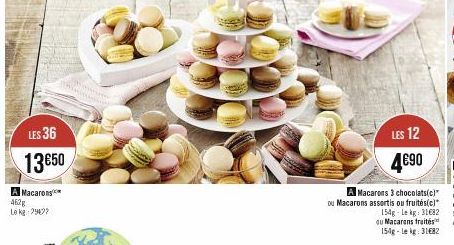 LES 36  13€50  A Macarons 462g  Le kg 2947?  wwww  LES 12  4€90  Macarons 3 chocolats(c)" ou Macarons assortis ou fruités(c)* 154g-Le kg: 31682 du Macarons traités 154g-le kg: 31682 