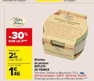 Reflets France  -30%  SUR LE 2 ME  Vendu seul  209  Lekg: 1672 €  Le 2 produit  €  RAN France  Rilletres thon blanc  Rillettes thon Mans  125  Rillettes de poisson REFLETS DE FRANCE  Thon blanc, Sardi