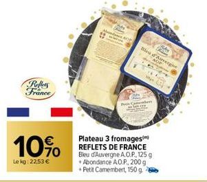 Reffers France  10%  Le kg: 22,53 €  ADP  Peel Cas  RAS  Bleu d'Auvergne  AOP  Plateau 3 fromages REFLETS DE FRANCE Bleu d'Auvergne A.O.P., 125 g Abondance A.O.P., 200 g +Petit Camembert, 150 g.  f  6