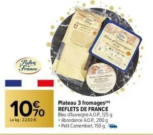 reffers france  10%  le kg: 22,53 €  adp  peel cas  ras  bleu d'auvergne  aop  plateau 3 fromages reflets de france bleu d'auvergne a.o.p., 125 g abondance a.o.p., 200 g +petit camembert, 150 g.  f  6