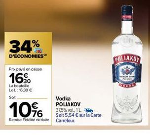 34%  D'ÉCONOMIES  Prix payé en caisse  16⁹0  La boutelle LeL: 16,30 € Soit  10%  Remise Fidelté déduite  Vodka POLIAKOV 37,5% vol, 1L  Soit 5,54 € sur la Carte Carrefour.  POLIAKOV 