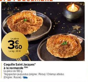 La pièce  360  €  Le kg: 20 €  Coquille Saint Jacques*  à la normande  La pièce de 180 g  "Argopecten purpuratus (origine: Pérou)/Chlamys albidus (Origine: Russie) 