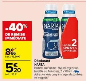 -40%  DE REMISE IMMÉDIATE  866  Le L: 43,30 €  5%20  Le L: 26 €  MAGNESIUM PROTECT 40H  Sitron  COMPRESSE  NARTA N  HOMMI  2  Lot de SPRAYS COMPRESSES  Déodorant NARTA  Homme ou Femme: Hypoallergéniqu