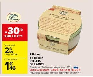 Reffers France  -30%  SUR LE 2 ME  Vendu sout  09 Lokg: 1672 € Le 2 produt  146  €  Willesse  RAA France  Rillettes thon blanc penge  INTERTEN  thon Mane  Rillettes de poisson REFLETS DE FRANCE  Thon 