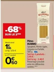 -68%  sur le 2me  vendu seul  1%  lekg: 3,72 €  le 2 produt  0%  pâtes rummo  spaghetti, penne rigate. linguine ou farfalle, 500 g  soit les 2 produits: 2.46 €  soit le kg: 2,46 € panachage possible e