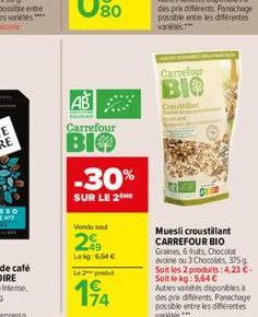 Carrefour  BIO -30%  SUR LE 2  Vendu sou  29  Leig: 664 € Le 2 produ  194  Carrefour  BIO  Croustill  Muesli croustillant CARREFOUR BIO Graines, 6 fruits, Chocolat avoine ou 3 Chocolats, 375 g Soit le