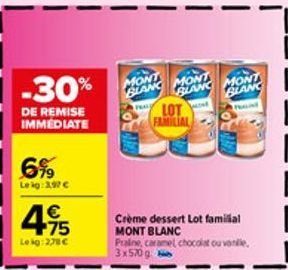 -30%  DE REMISE IMMEDIATE  6%9  Lekg: 3,97 €  45  Le kg: 2,78 €  MONT BLANC MONT  BLANC BLANC MONT  LOT FAMILIAL  Crème dessert Lot familial MONT BLANC  Praline, caramel chocolat ou vanille, 3x570g 