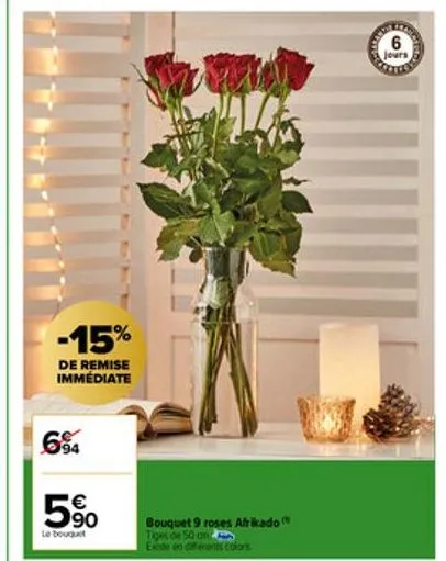-15%  de remise immédiate  694  5%  le bouquet  bouquet 9 roses afrikado tiges de 50 an  existe en diferents colors  jours 