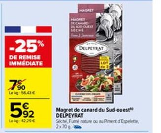 -25%  DE REMISE IMMÉDIATE  7%  Le kg: 56.43 €  92  Lekg: 42.29€  MAGRET DE CANARD DU SUD-OUEST SECHE Food S  DELPEYRAT 