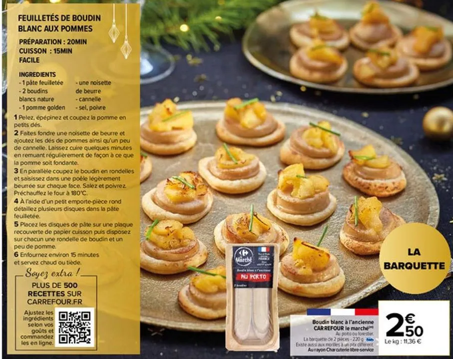 feuilletés de boudin  blanc aux pommes  préparation : 20min cuisson : 15min facile  ingredients  -1 pâte feuilletée  - une noisette  de beurre  - 2 boudins blancs nature  -cannelle  -1 pomme golden  -