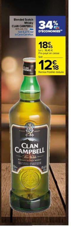 Blended Scotch Whisky  CLAN CAMPBELL 40% vol, 1L  34%  Soit 6,27 € sur D'ÉCONOMIES™  la Carte Carrefour.  CLAN AMPBELL  1895  Le L: 18,45 € Prix payé en caisse Soit.  128  Remise Fidélité déduite  CLA