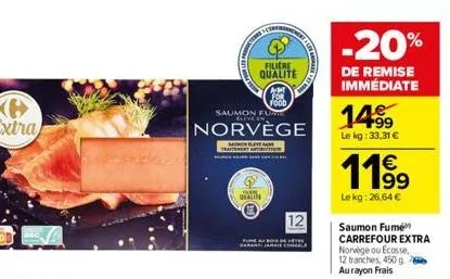 kierre  yam  quathe  filiere qualite  amt  foob  saumon funt  eleve in  norvège  non bleve game  pure  saja  -20%  de remise immédiate  14.99  le kg: 33,31 €  1199  le kg: 26,64 €  saumon fumé carrefo
